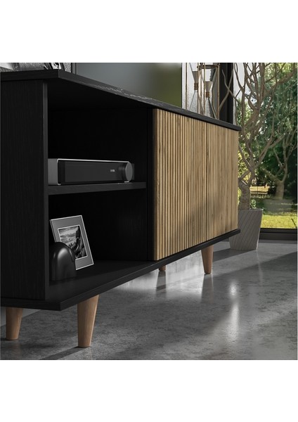 Hunerika Toledo Zebra Kapak Premium Tv Ünitesi - Minifiks -Wood Siyah / Atlantik Çam modelleri