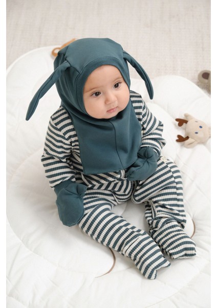 Organik Pamuklu Çift Katlı Tavşan Kulaklı Yeşil Balaklava Şapka ve Eldiven Seti