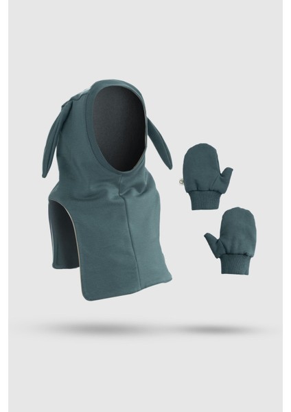 Organik Pamuklu Çift Katlı Tavşan Kulaklı Yeşil Balaklava Şapka ve Eldiven Seti fiyatları