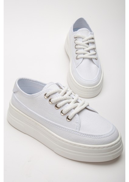 Kadın Beyaz Poli Taban Keten Halat Bağcıklı Spor Ayakkabı