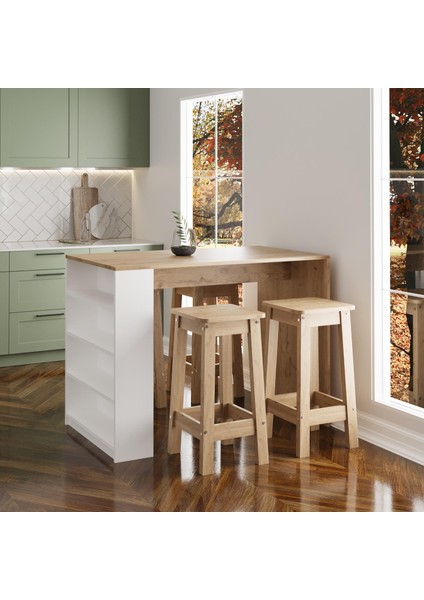 Pablo G4912 4 Adet Sepet Tabureli Bar Masası Sepet Beyaz 4 Raflı Açık Depolamalı Çok Amaçlı Masa