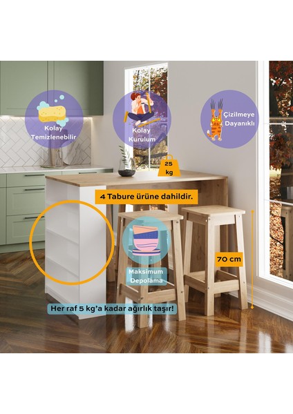 Pablo G4912 4 Adet Sepet Tabureli Bar Masası Sepet Beyaz 4 Raflı Açık Depolamalı Çok Amaçlı Masa fiyatları