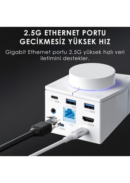 Knob Usb-C Hub | Rgb Docking Station | 4K@60Hz Hdmı, 100W Pd, 2.5g Lan, Usb-C, 2×usb3.0, Sd/microsd, Aux – MacBook & iPad Pro Uyumlu (Beyaz)