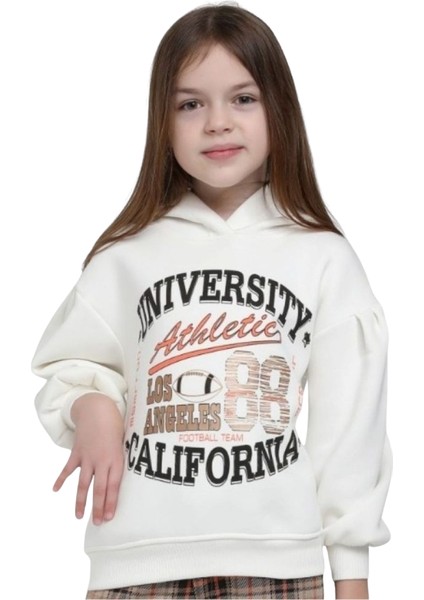 Kız Çocuk Kapüşonlu University Baskılı Kırık Beyaz Sweatshirt – Şardonlu Pamuklu