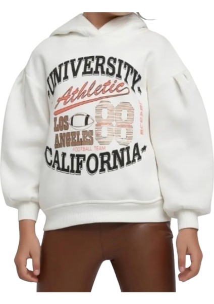 Kız Çocuk Kapüşonlu University Baskılı Kırık Beyaz Sweatshirt – Şardonlu Pamuklu