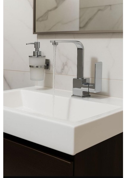 Lavabo Bataryası Krom Kare Banyo Lavabo Musluk Ağır Prinç Gövde Döner Boru Lüks Armatür Gümüş Gri