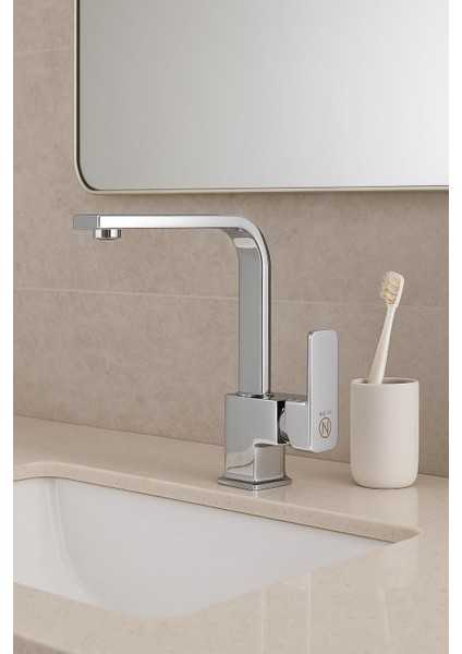 Lavabo Bataryası Krom Kare Banyo Lavabo Musluk Ağır Prinç Gövde Döner Boru Lüks Armatür Gümüş Gri modelleri