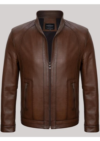 Hakiki Kuzu Derisi Kahverengi Erkek Deri Mont Düz Kesim 2 Cepli Deri Ceket