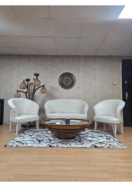 Teddy Takım Beyaz Boyalı Telli Ayak Çay Seti Koltuk - Berjer , Balkon, Salon, Ofis Krem Renk 40 x 125 Boyut/ebat