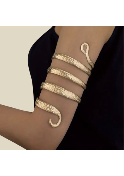 Gümüş-Gold Renk Yılan Desenli Spiral Kol Üstü Bilezik – Ayarlanabilir Vintage Metal Kol Aksesuarı Kadın