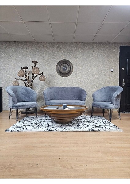 Teddy Takım Siyah Boyalı Telli Ayak Çay Seti Koltuk - Berjer , Balkon, Salon, Ofis Gri Renk 40 x 125 Boyut/ebat