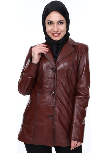Hakiki Kuzu Derisi Bordo Önden Düğmeli Kadın Ceket