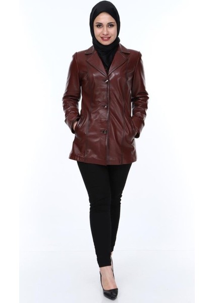 Hakiki Kuzu Derisi Bordo Önden Düğmeli Kadın Ceket fiyatları