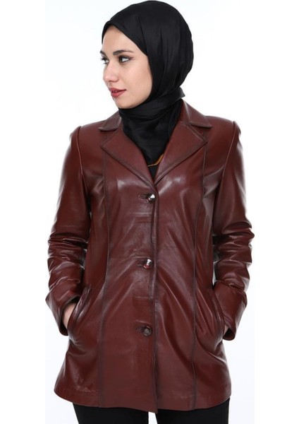 Hakiki Kuzu Derisi Bordo Önden Düğmeli Kadın Ceket modelleri
