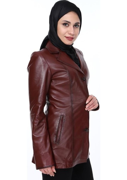 Hakiki Kuzu Derisi Bordo Önden Düğmeli Kadın Ceket indirimleri