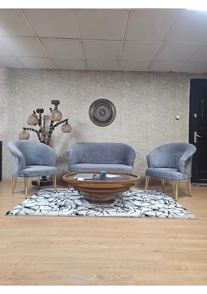 Teddy Takım Gold Kaplama Telli Ayak Çay Seti Koltuk - Berjer , Balkon, Salon, Ofis Gri Renk 40 x 125 Boyut/ebat