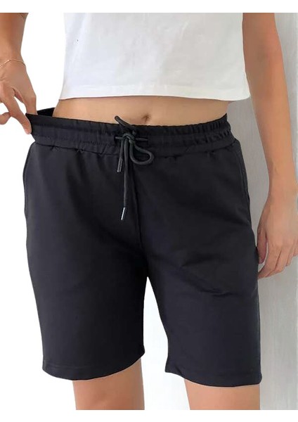 Unisex Beli Bağlamalı Pamuklu Cepli Siyah Şort