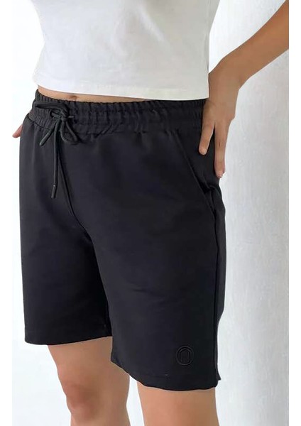Unisex Beli Bağlamalı Pamuklu Cepli Siyah Şort indirimleri