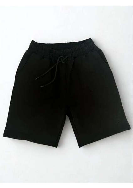 Unisex Beli Bağlamalı Pamuklu Cepli Siyah Şort