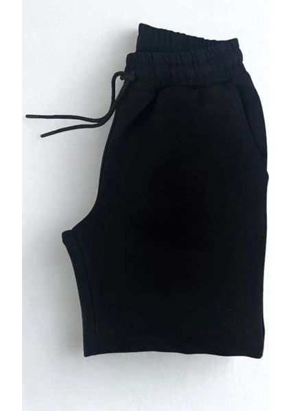 Unisex Beli Bağlamalı Pamuklu Cepli Siyah Şort