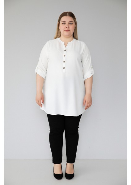 Kadın Büyük Beden Düğme Detaylı Jesica Kumaş Katlama Kol Hakim Yaka Tunik