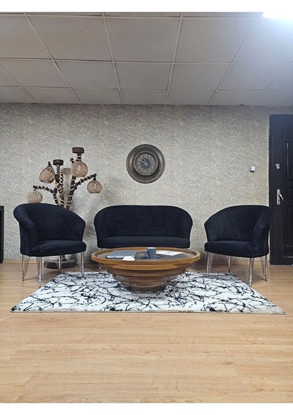 Teddy Takım Krom Kaplama Telli Ayak Çay Seti Koltuk - Berjer , Balkon, Salon, Ofis Siyah Renk 40 x 125 Boyut/ebat
