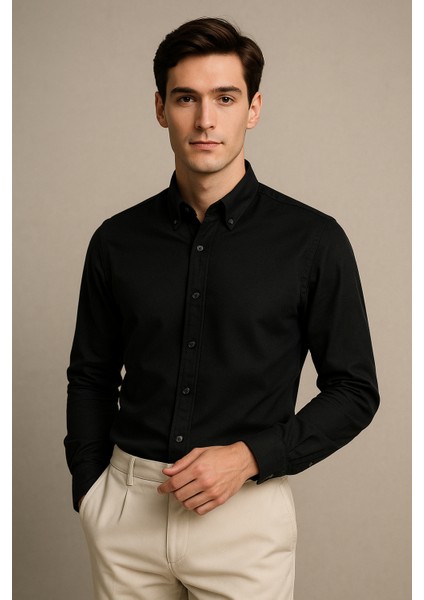 Erkek Siyah Oxford Düğmeli Yaka Pamuk Likra Slim Fit Casual Cepsiz Gömlek