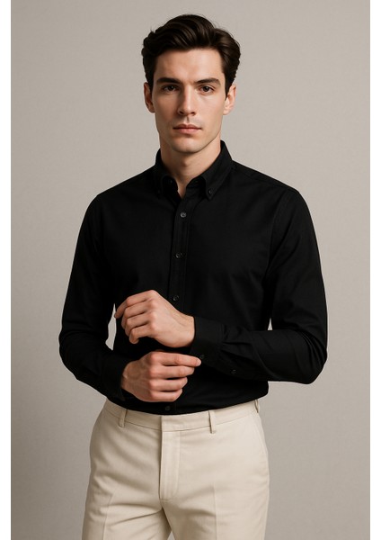 Erkek Siyah Oxford Düğmeli Yaka Pamuk Likra Slim Fit Casual Cepsiz Gömlek fiyatları
