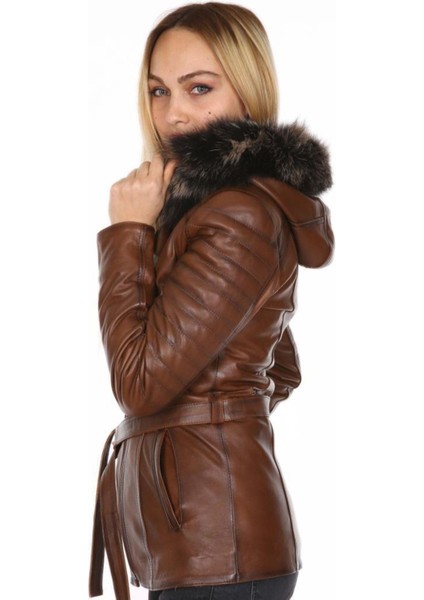 Hakiki Kuzu Derisi Kahverengi Beli Kemerli Kürklü Kadın Ceket indirimleri