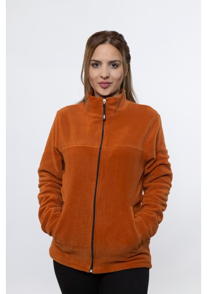 Kadın Önü Fermuarlı Kışlık Tarçın Renk Polar Ceket