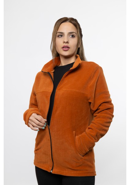 Kadın Önü Fermuarlı Kışlık Tarçın Renk Polar Ceket modelleri