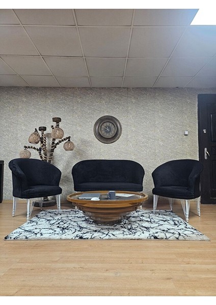 Teddy Takım Beyaz Boyalı Telli Ayak Çay Seti Koltuk - Berjer , Balkon, Salon, Ofis Siyah Renk 40 x 125 Boyut/ebat