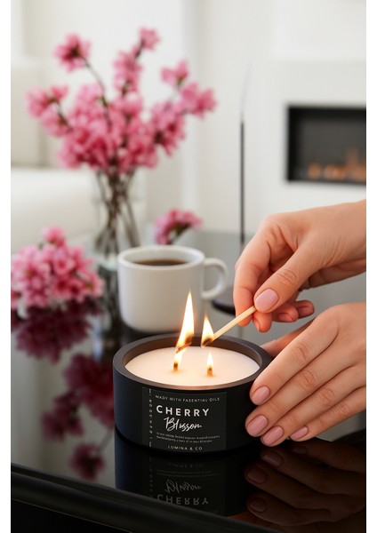Çift Ahşap Fitilli Japon Kiraz Çiçeği Kokulu %100 Soya Wax Beton Siyah Mum