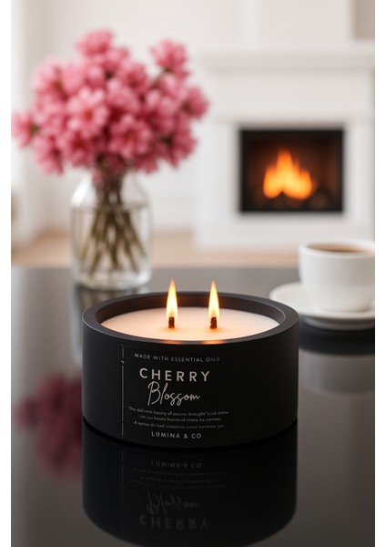 Çift Ahşap Fitilli Japon Kiraz Çiçeği Kokulu %100 Soya Wax Beton Siyah Mum indirimleri