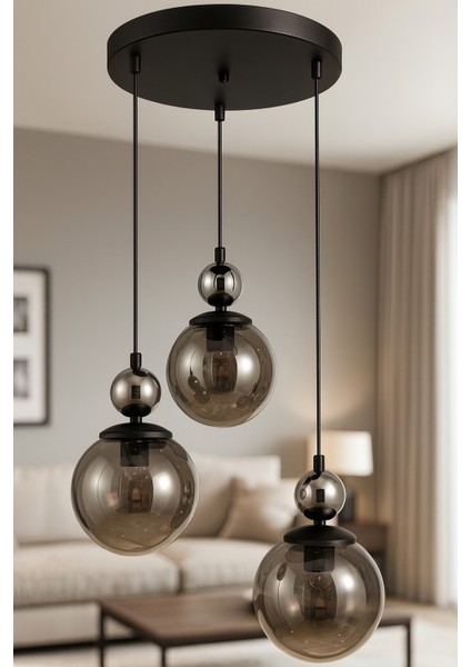 Mira 3'lü Siyah Krom Füme Camlı Sarkıt Avize