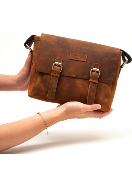 DESIGN01 Hakiki Eskitme Deri Kahve - Taba Unisex Postacı Çanta