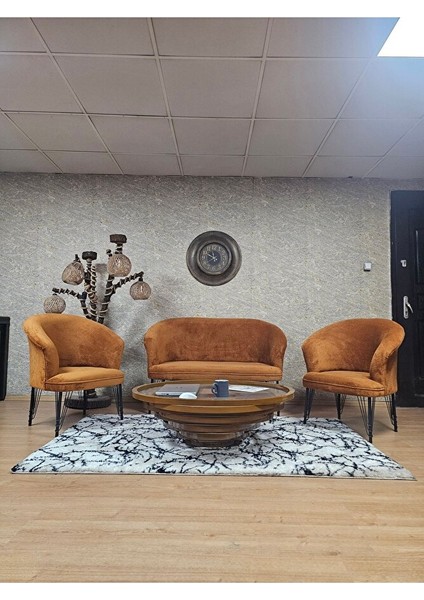 Teddy Takım Siyah Boyalı Telli Ayak Çay Seti Koltuk - Berjer , Balkon, Salon, Ofis Kiremit Renk 40 x 125 Boyut/ebat