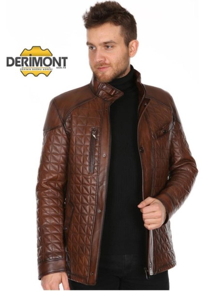 Hakiki Kuzu Derisi Kahverengi Erkek Deri Mont Işlemeli Fermuarlı Deri Ceket
