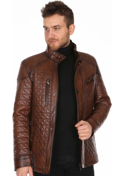 Hakiki Kuzu Derisi Kahverengi Erkek Deri Mont Işlemeli Fermuarlı Deri Ceket fiyatları