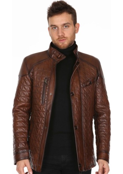 Hakiki Kuzu Derisi Kahverengi Erkek Deri Mont Işlemeli Fermuarlı Deri Ceket modelleri