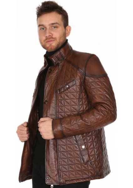 Hakiki Kuzu Derisi Kahverengi Erkek Deri Mont Işlemeli Fermuarlı Deri Ceket fırsatları