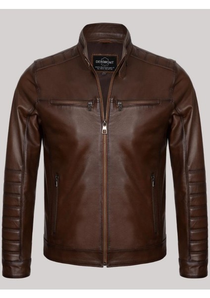 Hakiki Kuzu Derisi Kahverengi Erkek Deri Mont Kolları Işlemeli Deri Ceket