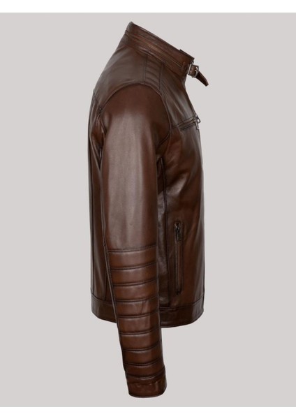 Hakiki Kuzu Derisi Kahverengi Erkek Deri Mont Kolları Işlemeli Deri Ceket modelleri