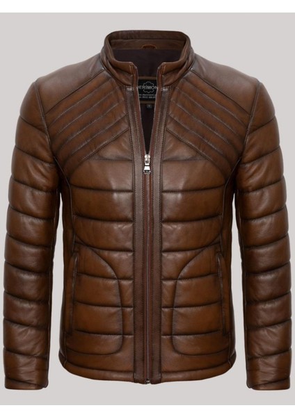 Hakiki Kuzu Derisi Kahverengi Erkek Deri Mont Şişme 2 Cepli Deri Ceket