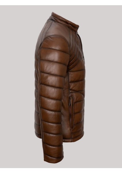 Hakiki Kuzu Derisi Kahverengi Erkek Deri Mont Şişme 2 Cepli Deri Ceket modelleri