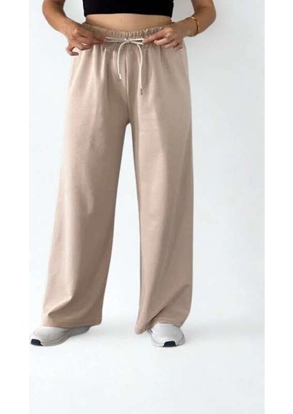 Double Face Bol Paça Bayan Eşofman Krem Renk