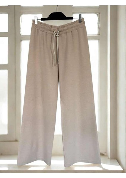 Double Face Bol Paça Bayan Eşofman Krem Renk