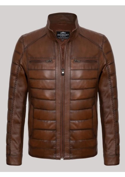 Hakiki Kuzu Derisi Kahverengi Erkek Deri Mont Komple Işlemeli 4cepli Deri Ceket