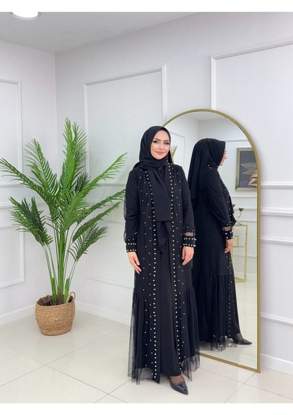 Kadın Tesettür 2'li Abaya , Inci Çakma Tül Kumaş Elbise