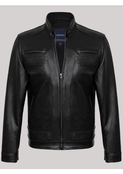 Hakiki Kuzu Derisi Siyah Erkek Deri Mont Düz Dik Yaka Cepli Deri Ceket